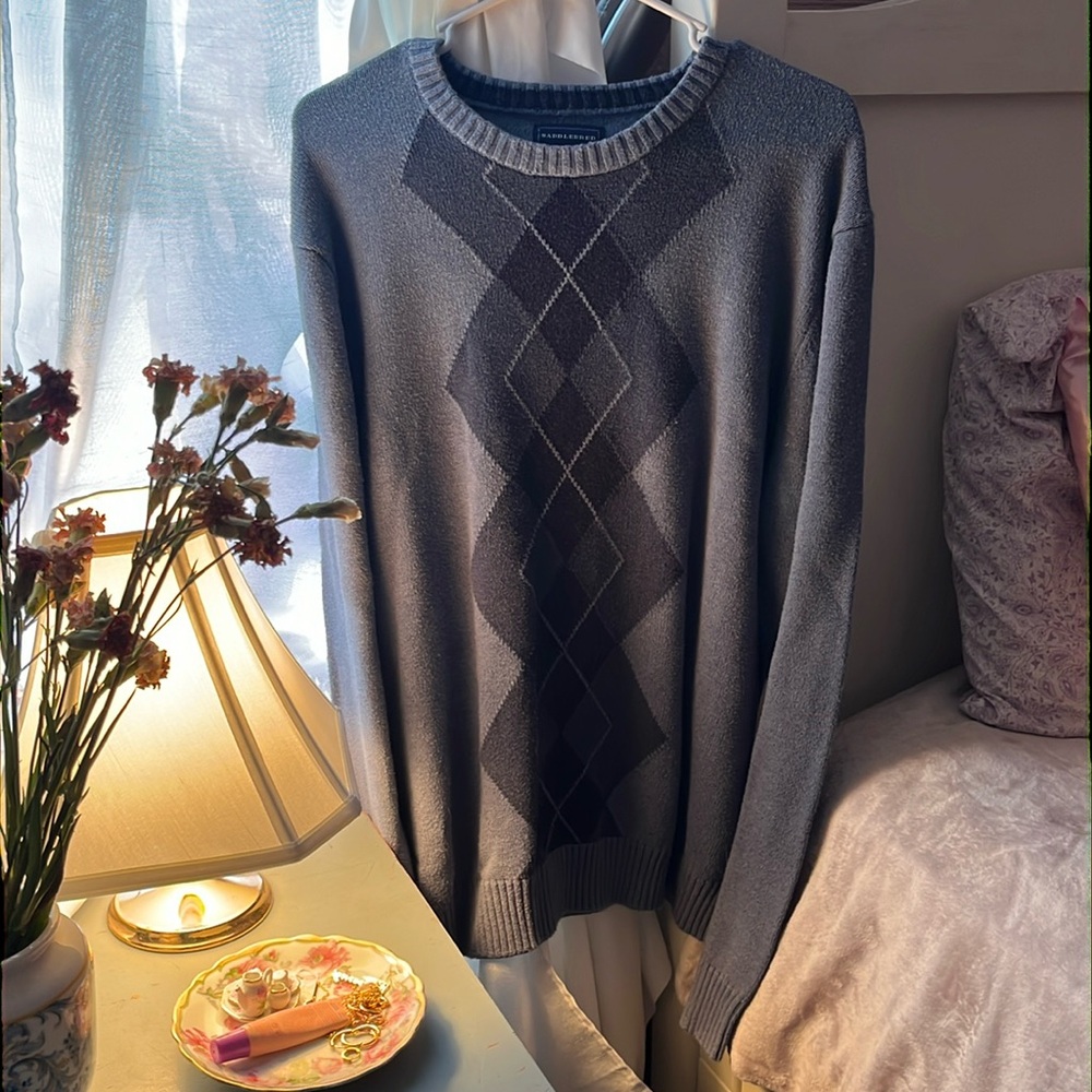 dusty blue argyle sweater size L unisex